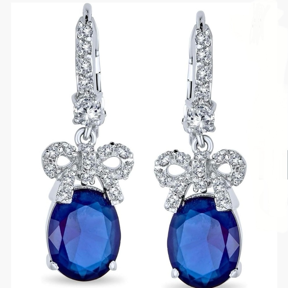 NWT VINTAGE INSPIRED SAPPHIRE RIBBON BOW OVAL DROP EARRINGS ABSOLUTELY STUNNING